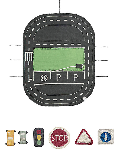 Lorena Canals Eco City Set - Canvas/Traffic Light/3 Road Signs/2 Cars - Dimensions 50x65cm - New Green Toys Collection Playmats