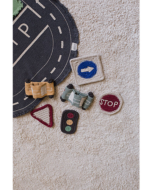 Lorena Canals Eco City Set - Canvas/Traffic Light/3 Road Signs/2 Cars - Dimensions 50x65cm - New Green Toys Collection Playmats