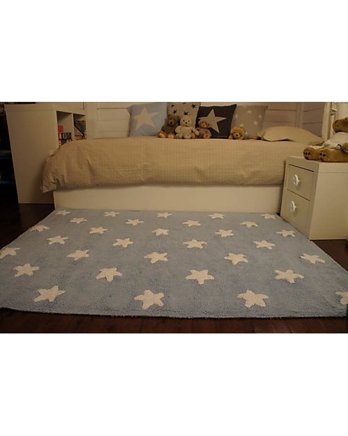 Lorena Canals Machine Washable Rug White Stars, Light Blue - 100% Cotton (120cm x 160cm) Carpets