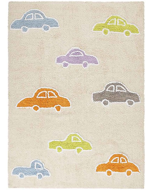 Lorena Canals Machine Washable Rug with Multicolour Cars, Vanilla -  100% Cotton (120cm x 160cm) Carpets