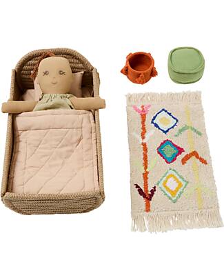 Lorena Canals Nari Set - Cradle/Rug/Basket/Pouf - 100% Recycled Material - Mini Lorena Collection - 22 x 32 x 16 cm Dolls