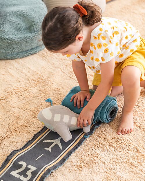 Lorena Canals Ride & Roll Airplane Set - Plane + Track - Grey/Light Blue/Green - 4 Meter Long Track Playmats