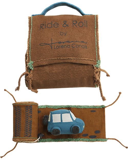 Lorena Canals Ride & Roll Safari Set - Jeep + Track - Eco City - Blue/Caramel/Red - 4 meter long Roll! Playmats
