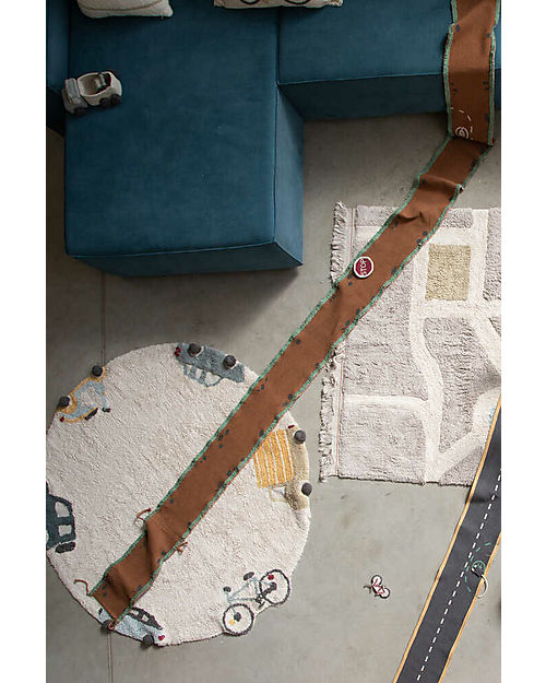 Lorena Canals Ride & Roll Safari Set - Jeep + Track - Eco City - Blue/Caramel/Red - 4 meter long Roll! Playmats