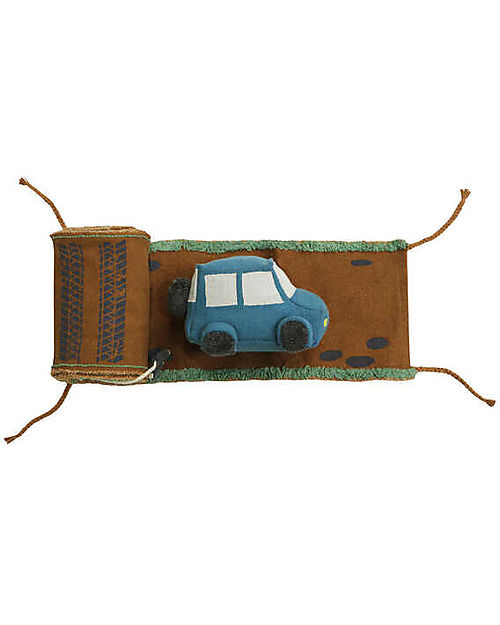 Lorena Canals Ride & Roll Safari Set - Jeep + Track - Eco City - Blue/Caramel/Red - 4 meter long Roll! Playmats