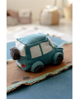 Lorena Canals Ride & Roll Safari Set - Jeep + Track - Eco City - Blue/Caramel/Red - 4 meter long Roll! Wooden Toy Cars, Trains & Trucks