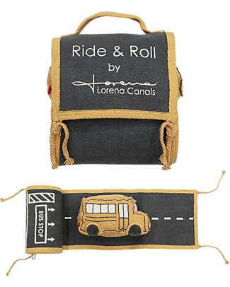 Lorena Canals Ride & Roll School Bus Set - School Bus + Track - Eco City - Honey/Gray/Red - 4 meter long Roll! Wooden Toy Cars, Trains & Trucks