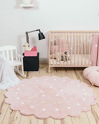 Lorena Canals Round Machine Washable Rug with Polka Dots, Pink - 100% Cotton (140cm, diameter) Carpets