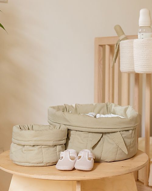 Lorena Canals Set of two Quilted Baskets - Olive Green Bambie - 100% GOTS Organic Cotton - Bamboo Collection - Diameter 20 x 30 cm and 15 x 15 cm Storage organisers