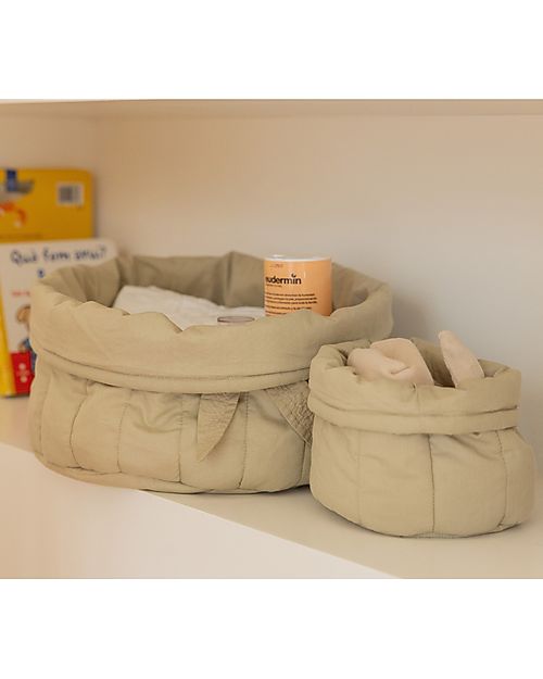 Lorena Canals Set of two Quilted Baskets - Olive Green Bambie - 100% GOTS Organic Cotton - Bamboo Collection - Diameter 20 x 30 cm and 15 x 15 cm Storage organisers
