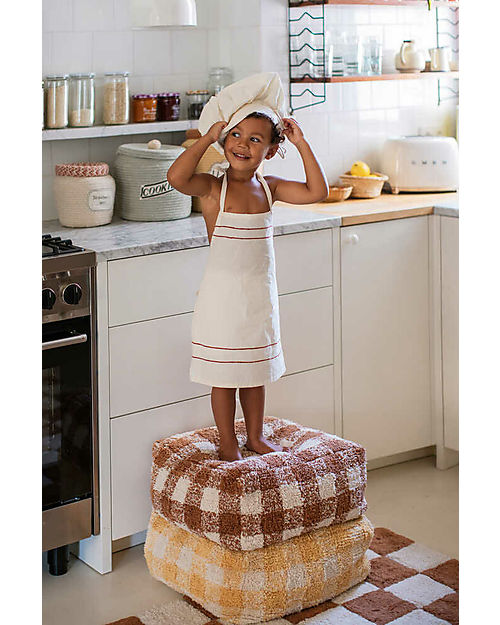 Lorena Canals Vichy Pouf - White and Toffee - Natural Cotton - Little Chefs Collection Pouf