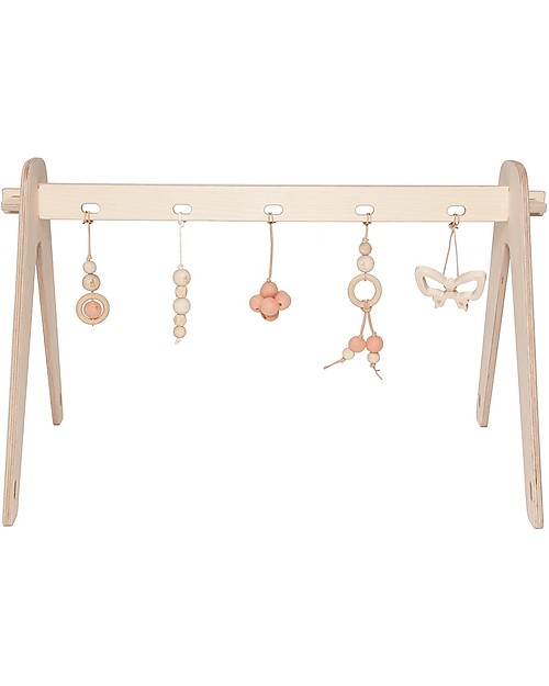 Loullou Baby Gym Combination Pack Rose, Wooden Baby Gym + Pink Hanging Toys Baby Gym