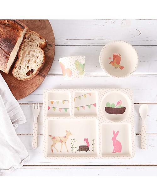Love Mae 5-pieces Bamboo Dinner Set, Woodland Tea Party - Durable and ecological! Perfect gift idea! Bowls & Plates