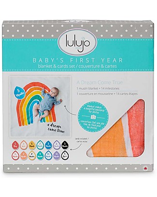 Lulujo Baby Baby’s First Year Swaddle + Cards Set, A Dream Come True - For the social baby and parents! Muslin Swaddle