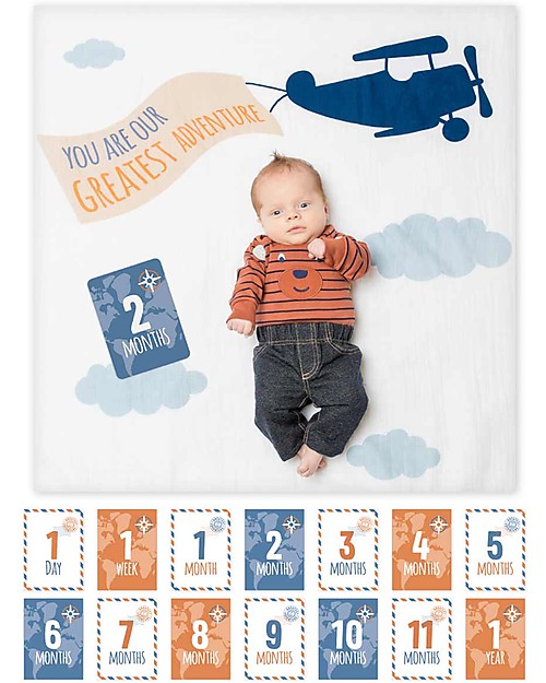 Lulujo Baby Baby’s First Year Swaddle + Cards Set, Greatest Adventure - For the social baby and parents! Muslin Swaddle