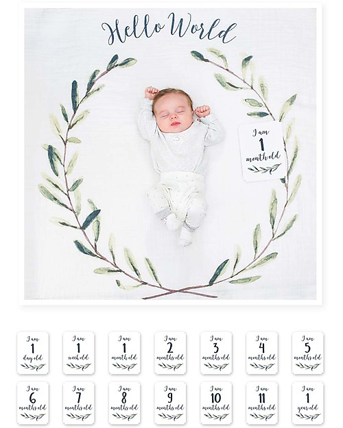 Lulujo Baby Baby’s First Year Swaddle + Cards Set, Hello World - For the social baby and parents! Muslin Swaddle