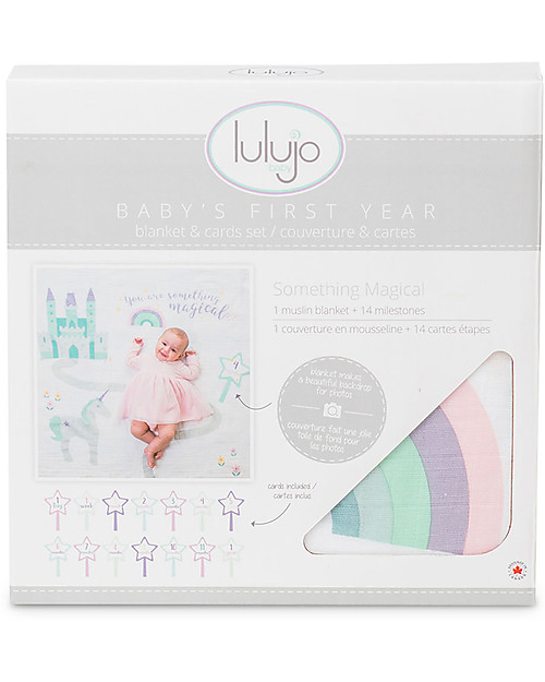 Lulujo Baby Baby’s First Year Swaddle + Cards Set, Something Special - For the social baby and parents! Muslin Swaddle