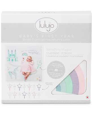 Lulujo Baby Baby’s First Year Swaddle + Cards Set, Something Special - For the social baby and parents! Muslin Swaddle