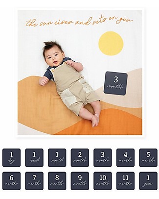 Lulujo Baby Baby’s First Year Swaddle + Cards Set - Sun Rises - For the social baby and parents Muslin Swaddle