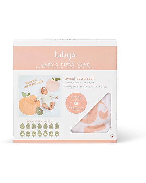 Lulujo Baby Baby’s First Year Swaddle + Cards Set - Sweet as a Peach - For the social baby and parents Muslin Swaddle
