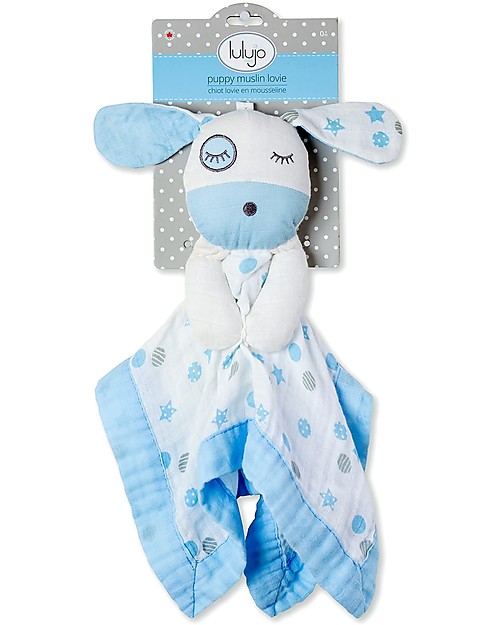 Lulujo Baby Doudou Comforter Lovie - Blue Puppy - 100% Cotton Muslin Doudou & Comforters