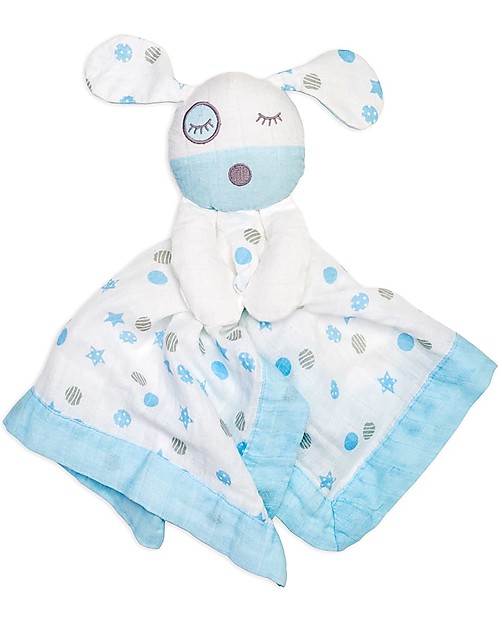 Lulujo Baby Doudou Comforter Lovie - Blue Puppy - 100% Cotton Muslin Doudou & Comforters