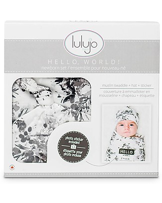 Lulujo Baby Hello World Kit, Hat + Swaddle, Black Floral, 120 x 120 cm - Bamboo Swaddles