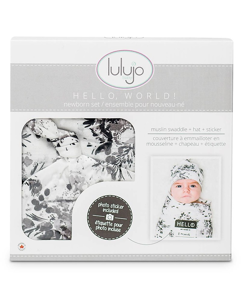 Lulujo Baby Hello World Kit Hat Swaddle Black Floral 1 X 1 Cm Bamboo Girl