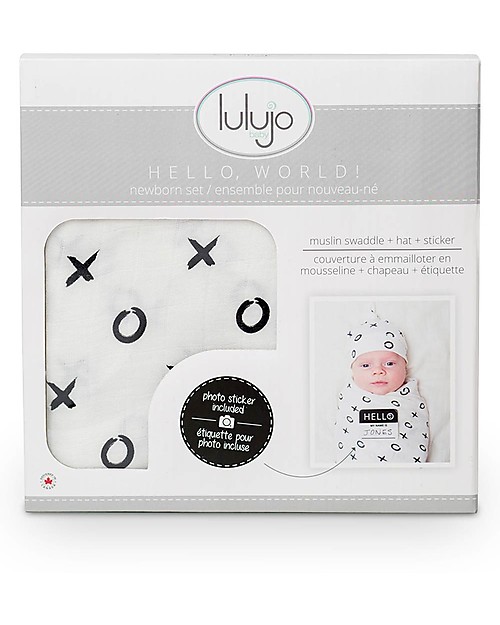 Lulujo Baby Hello World Kit, Hat + Swaddle, Hugs & Kisses, 120 x 120 cm - Bamboo Muslin Swaddle