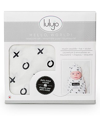 Lulujo Baby Hello World Kit, Hat + Swaddle, Hugs & Kisses, 120 x 120 cm - Bamboo Swaddles