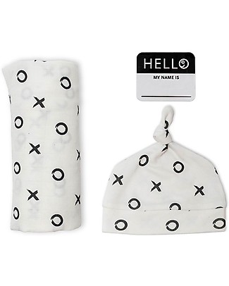 Lulujo Baby Hello World Kit, Hat + Swaddle, Hugs & Kisses, 120 x 120 cm - Bamboo Swaddles