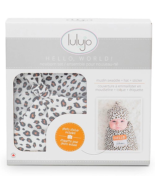 Lulujo Baby Hello World Kit, Hat + Swaddle, Leopard, 120 x 120 cm - Bamboo Muslin Swaddle