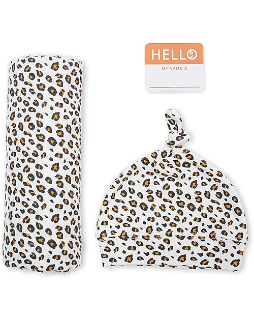 Lulujo Baby Hello World Kit, Hat + Swaddle, Leopard, 120 x 120 cm - Bamboo Muslin Swaddle