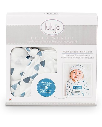 Lulujo Baby Hello World Kit, Hat + Swaddle, Navy Triangles, 120 x 120 cm - Bamboo Swaddles