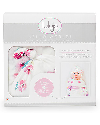 Lulujo Baby Hello World Kit, Hat + Swaddle, Rose, 120 x 120 cm - Bamboo Swaddles
