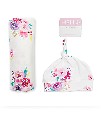 Lulujo Baby Hello World Kit, Hat + Swaddle, Rose, 120 x 120 cm - Bamboo Swaddles