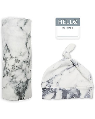 Lulujo Baby Hello World Kit, Hat + Swaddle + Sticker, Marble, 120 x 120 cm - Bamboo Swaddles