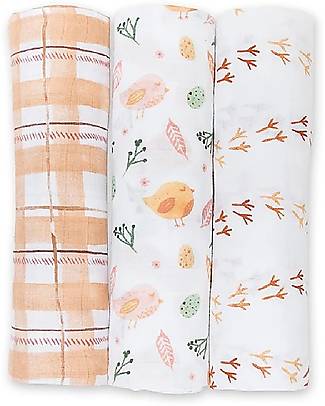 Lulujo Baby OUTLET - Set 3 Swaddle Blankets 120 x 120 cm, Beige Birds - 100% Cotton - Showroom Sample Swaddles