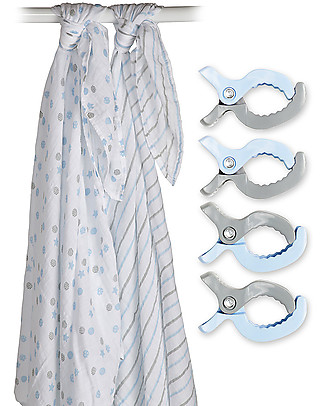 Lulujo Baby OUTLET Set of 2 Swaddles 120 x 120 cm + 4 Clips, Blue - 100% cotton muslin - Showroom Sample Swaddles
