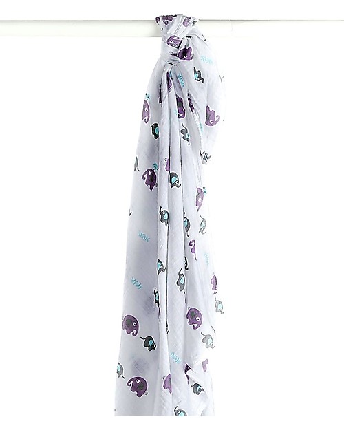 Lulujo Baby OUTLET Swaddle Blanket 120 x 120 cm, Elephants on Parade - 100% cotton muslin - Showroom Sample Muslin Swaddle