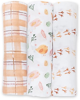 Lulujo Baby Set 3 Swaddle Blankets 120 x 120 cm, Beige Birds - 100% Cotton Swaddles