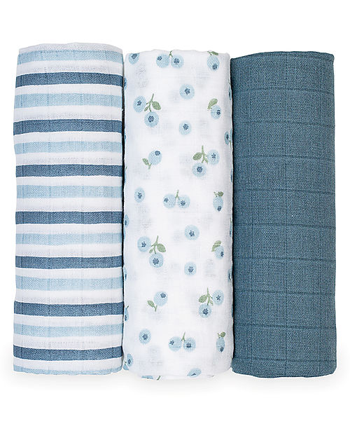 Lulujo Baby Set 3 Swaddle Blankets 69 x 69 cm - Blueberries - 100% Cotton Muslin Swaddle