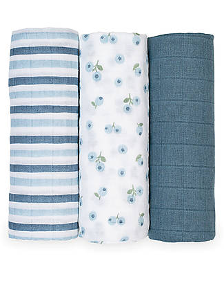 Lulujo Baby Set 3 Swaddle Blankets 69 x 69 cm - Blueberries - 100% Cotton Muslin Swaddle