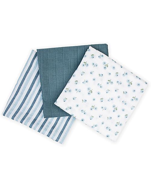Lulujo Baby Set 3 Swaddle Blankets 69 x 69 cm - Blueberries - 100% Cotton Muslin Swaddle