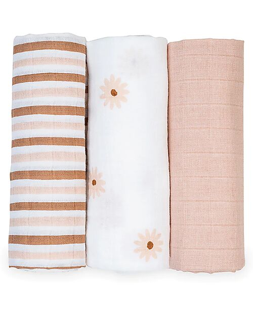 Lulujo Baby Set 3 Swaddle Blankets 69 x 69 cm - Daisies - 100% Cotton Muslin Swaddle