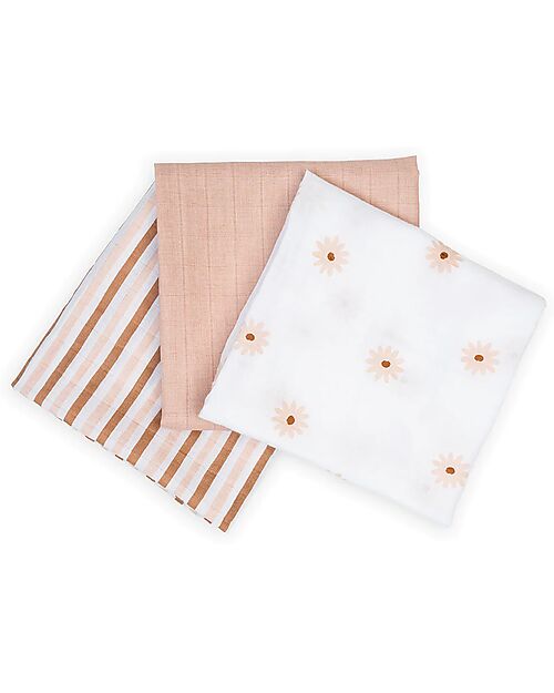 Lulujo Baby Set 3 Swaddle Blankets 69 x 69 cm - Daisies - 100% Cotton Muslin Swaddle