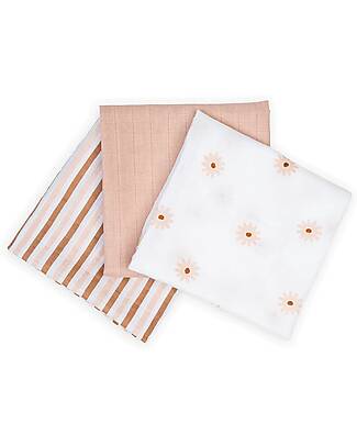 Lulujo Baby Set 3 Swaddle Blankets 69 x 69 cm - Daisies - 100% Cotton Muslin Swaddle