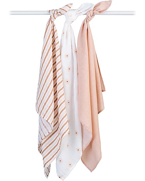 Lulujo Baby Set 3 Swaddle Blankets 69 x 69 cm - Daisies - 100% Cotton Muslin Swaddle