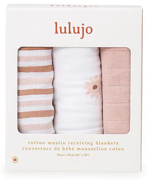 Lulujo Baby Set 3 Swaddle Blankets 69 x 69 cm - Daisies - 100% Cotton Muslin Swaddle
