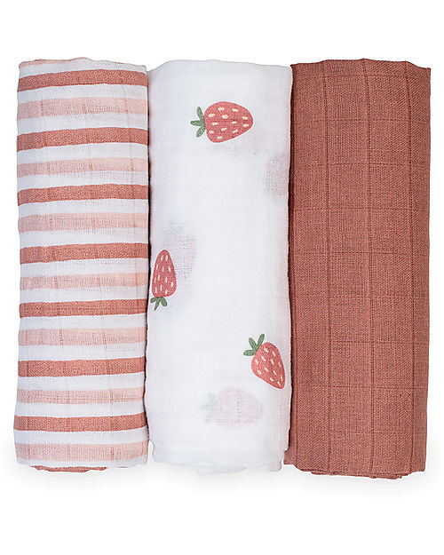 Lulujo Baby Set 3 Swaddle Blankets 69 x 69 cm - Strawberries - 100% Cotton Muslin Swaddle